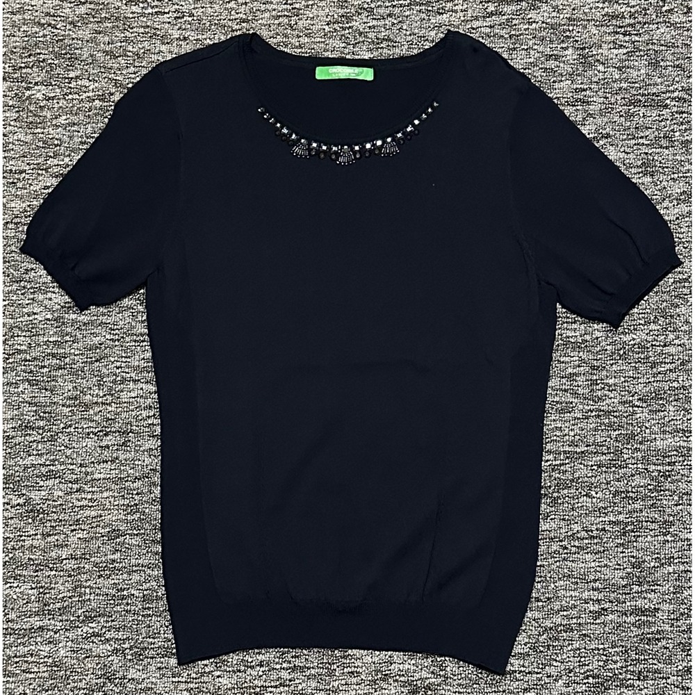 Crocodile International Womens Navy Blue Embellished L Short Sleeve Knit Top